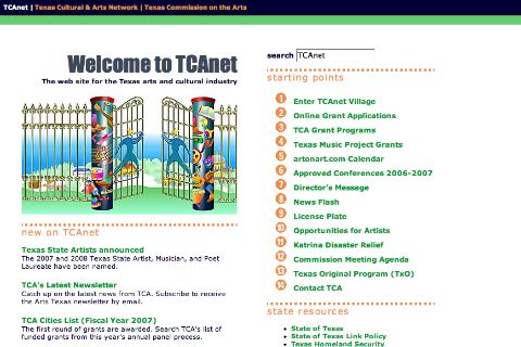 screenshot of homepage of Texas Cultural & Arts Newtork (TCAnet) website