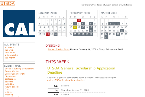 screenshot of homepage of UTSOA Calendar website