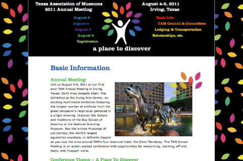 screenshot of homepage of Texas Association of Museums 2011 Annual Meeting website