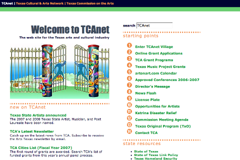 screenshot of homepage of Texas Cultural & Arts Newtork (TCAnet) website